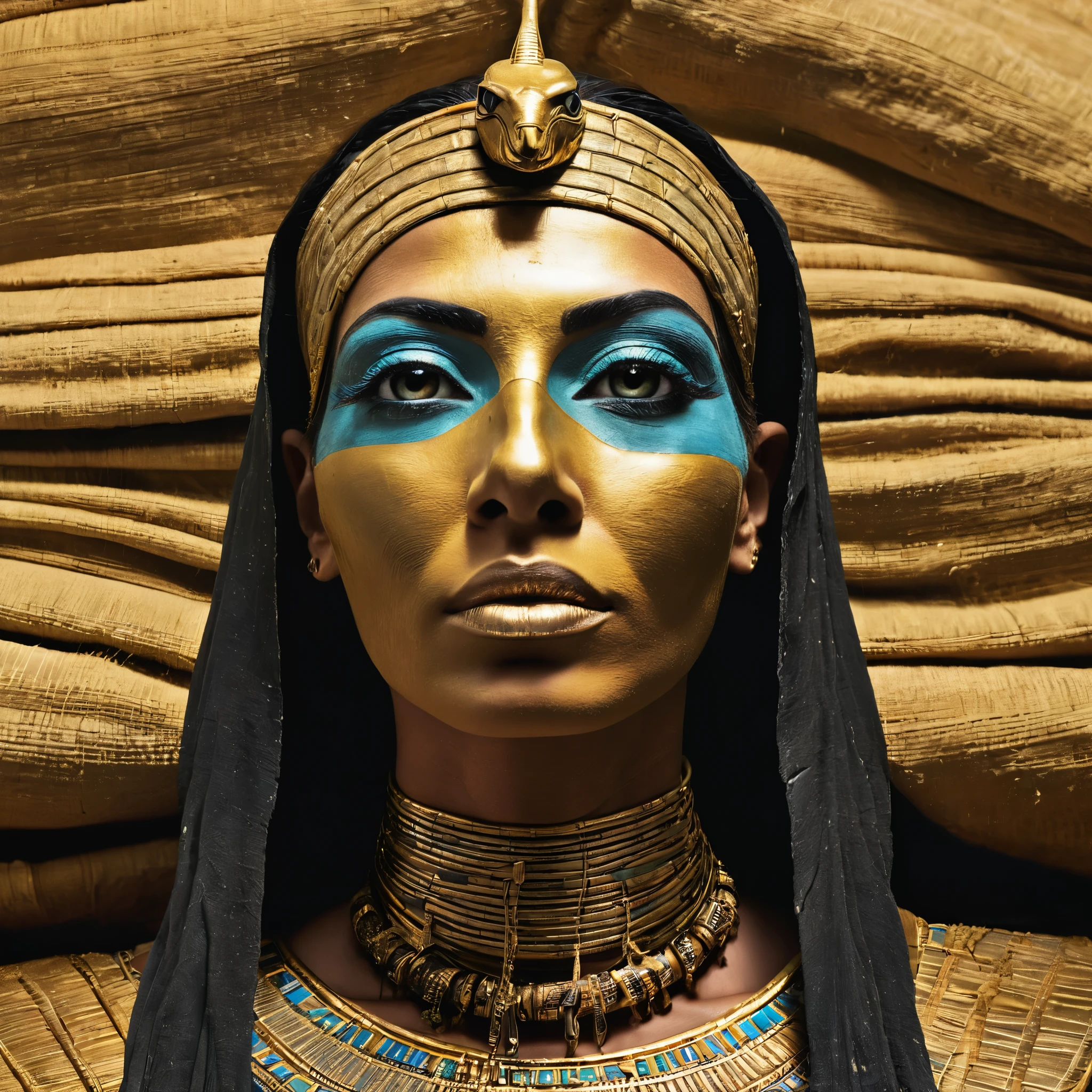 Egyptian Pharaoh mummy goddess in mummy wrapping, beautiful model, young gorgeous women, mummified, storm Egyptian god, wind Egyptian god, Nyarlathotep, an undead desert lich pharaoh, portrait of a scorpion goddess, photo of ghost of Anubis, eldritch goddess, Egyptian mummy queen, goddess. extremely high detail, ultra realistic, , right halve of face revealing mummified face, mummy covered in Egyptian pharaoh armor, full body picture, photograph from head to toe, full body view, lower body and legs visible
