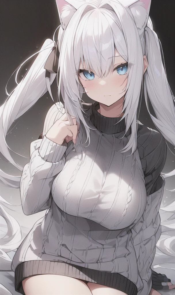 White hair, cat ears, blue eyes, half-pigtails, knitted clothes, cunning, cute, sexy, large breasts