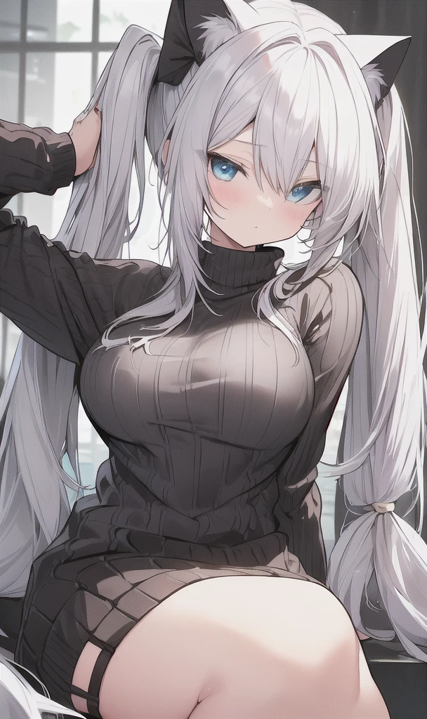 White hair, cat ears, blue eyes, half-pigtails, knitted clothes, cunning, cute, sexy, large breasts