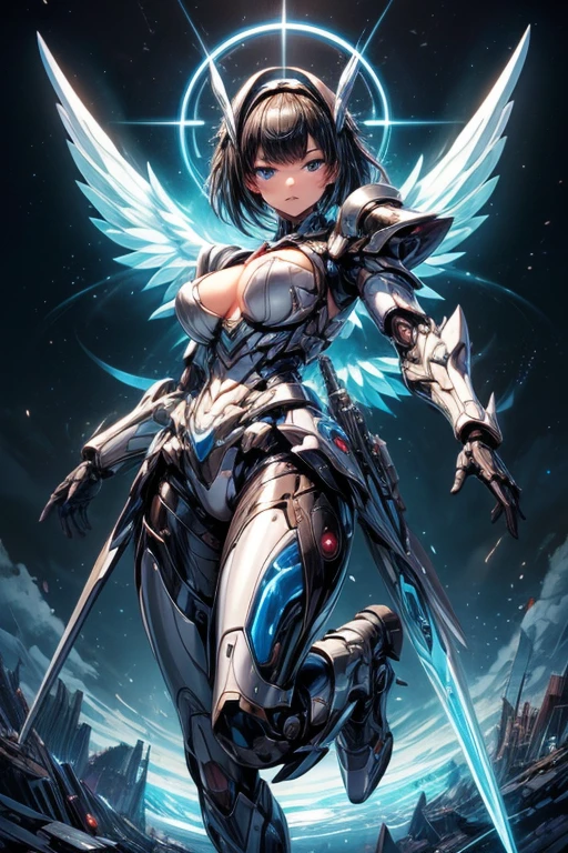 ((Highest quality))、((masterpiece))、(detailed)、((Anatomically correct))、One Woman、aldult、(look at me)、whole body、jump、(shoot from front)、(Ultra-glossy skin with attention to detail:1.1)、Glowing Skin、bangs、Short Hair、Beautiful black hair、(Beautiful Eyes:1.3)、Slim figure、medium breasts、Cleavage、Erect nipples、Arm Armor、Mechanical wings from the back、Blue core in center of chest、Future City、