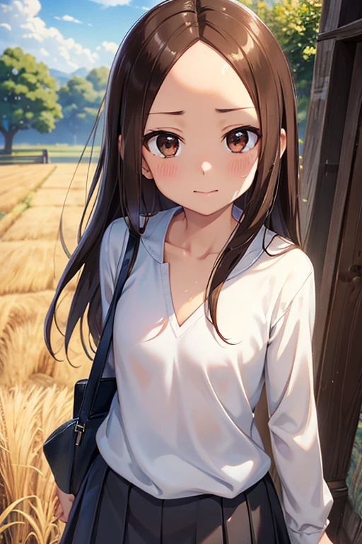 Takagi-san、Shiny brown hair, Long Hair,((Medium chest、Forehead、Center part))、 Beautiful brown eyes、smile、Sparkling eyes, (fine grain)、Very fine eye、Highly detailed face, Highly detailed eyes, Cowboy Shot、
countryside,Rice Field,Walking the Streets,high school girl,1 girl,cloudy,Sweat,,Summer uniform,thin,blush,Serious face,