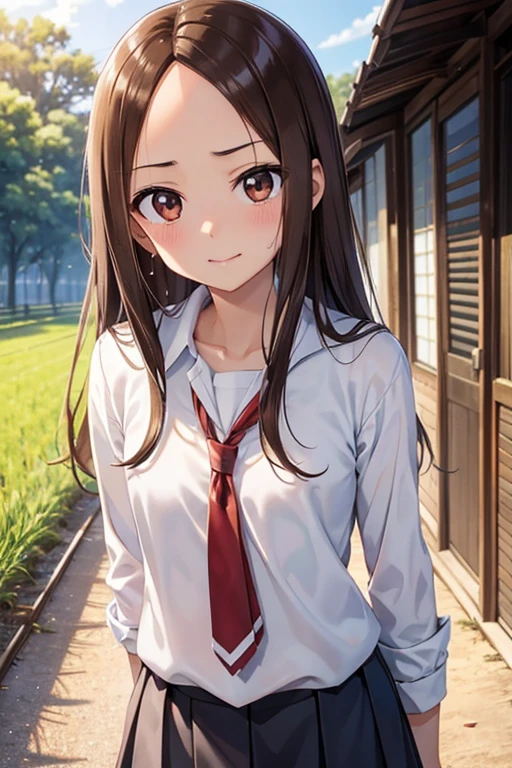 Takagi-san、Shiny brown hair, Long Hair,((Medium chest、Forehead、Center part))、 Beautiful brown eyes、smile、Sparkling eyes, (fine grain)、Very fine eye、Highly detailed face, Highly detailed eyes, Cowboy Shot、 


countryside,Rice Field,Walking the Streets,high school girl,1 girl,cloudy,Sweat,,Summer uniform,thin,blush,Serious face,