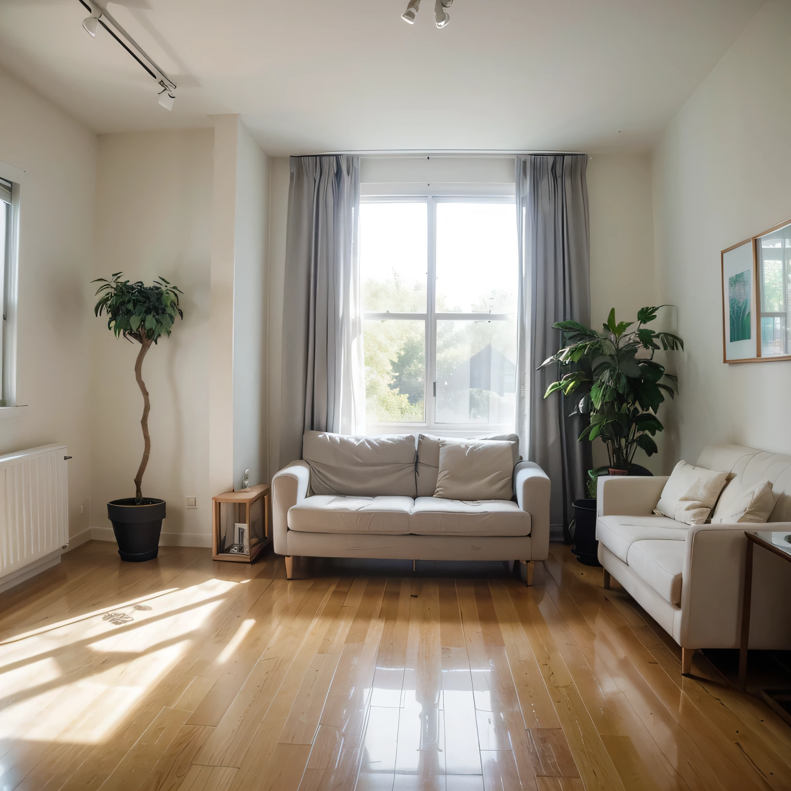 A corner of the room,Modern style,Floor-to-ceiling windows,White curtains swaying in the wind,Large green plants are placed in the corners.,Warm and comfortable environment,Natural light comes in