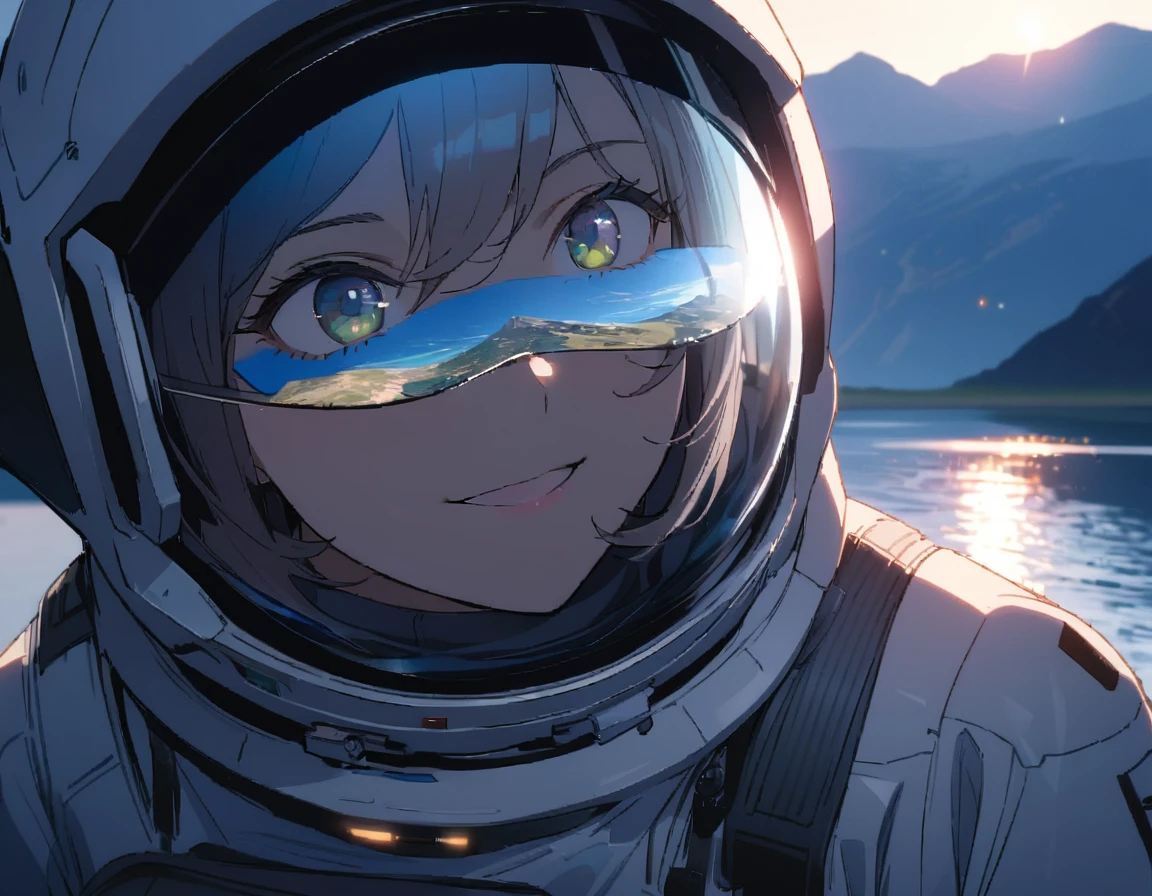 1girl, solo, mature female, SyFyEye1, astronaut, spacex, spacesuit, glass reflection, refraction, eye reflection, portrait, looking up, happy, amazed, awestruck, standing, outdoors, scenery, rocky surface, mountainous horizon, starry sky, lake, water, caustics, lens flare, science fiction, cinematic, filmic, high budget, (masterpiece), (best quality), (ultra-detailed), very aesthetic, illustration, perfect composition, intricate details, absurdres,