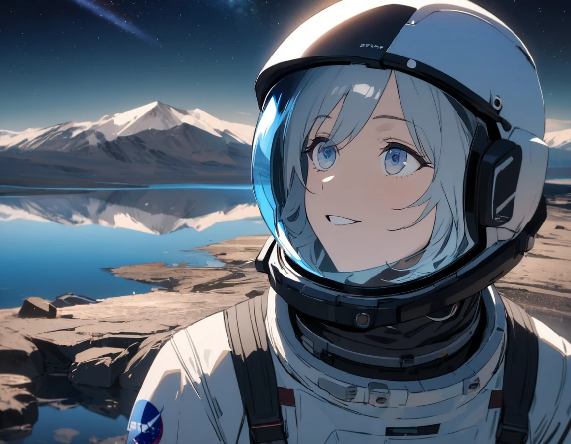 1girl, solo, mature female, SyFyEye1, astronaut, spacex, spacesuit, glass reflection, refraction, eye reflection, portrait, looking up, happy, amazed, awestruck, standing, outdoors, scenery, rocky surface, mountainous horizon, starry sky, lake, water, caustics, lens flare, science fiction, cinematic, filmic, high budget, (masterpiece), (best quality), (ultra-detailed), very aesthetic, illustration, perfect composition, intricate details, absurdres,