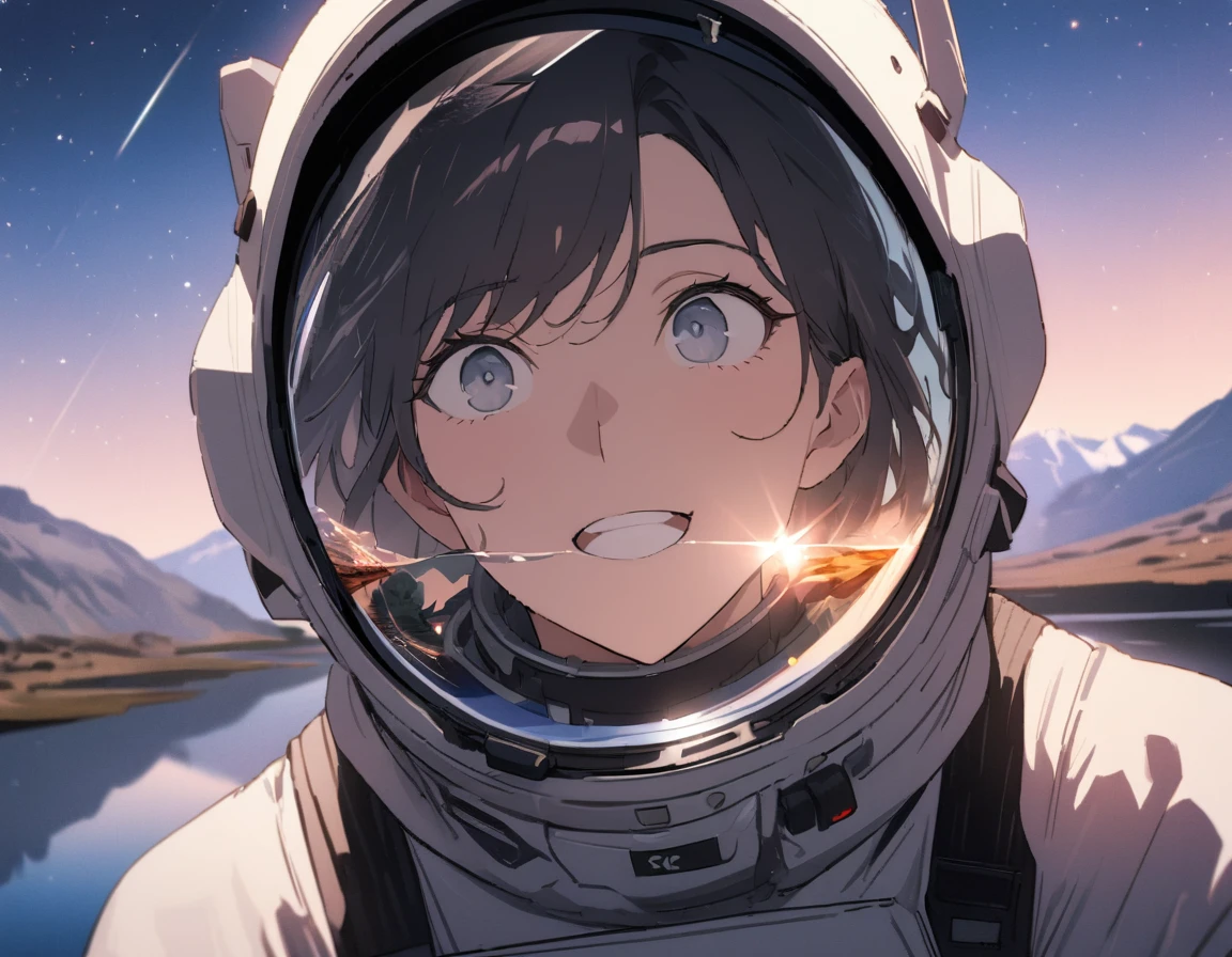 1girl, solo, mature female, SyFyEye1, astronaut, spacex, spacesuit, glass reflection, refraction, eye reflection, portrait, looking up, happy, amazed, awestruck, standing, outdoors, scenery, rocky surface, mountainous horizon, starry sky, lake, water, caustics, lens flare, science fiction, cinematic, filmic, high budget, (masterpiece), (best quality), (ultra-detailed), very aesthetic, illustration, perfect composition, intricate details, absurdres,