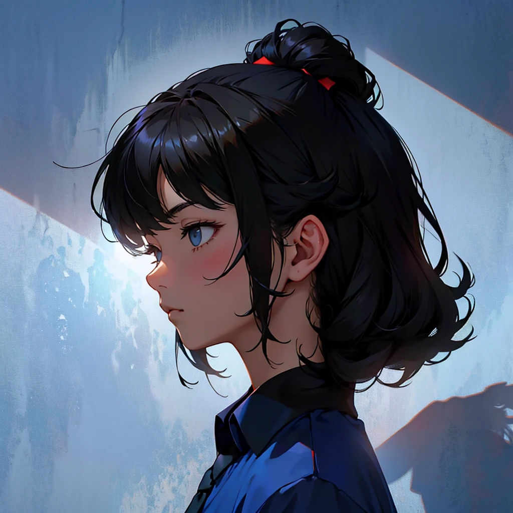 Profile facing right、Looking straight to the side with left hand under chin、Her hair is swept back with an up-bang.、Two Block、Black Hair、Perm、Light blue shirt、No tie、Kind of like a counselor、Soft atmosphere、Simple illustration、The background is gray、No shadow depiction、One man