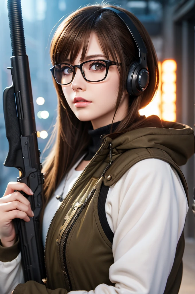 Ready your gun?,Adult women,Beauty,Glasses,cyber punk,Brown Hair,Background white,Anime Style,Highest quality,Detailed,cool,