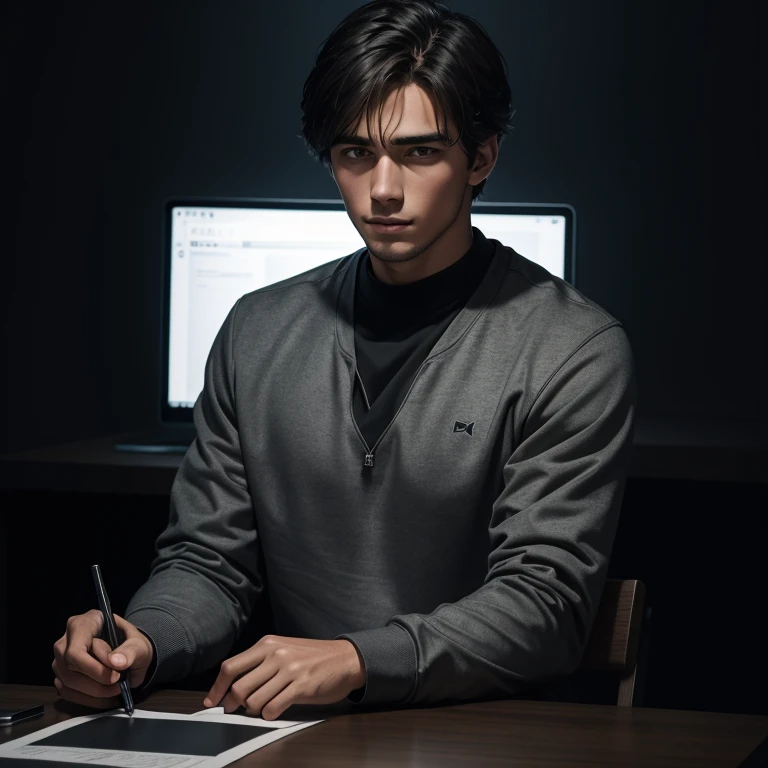 a young and very handsome man, wearing a simple gray sweatshirt with long sleeves, in front of an interrogation table on a very dark black background