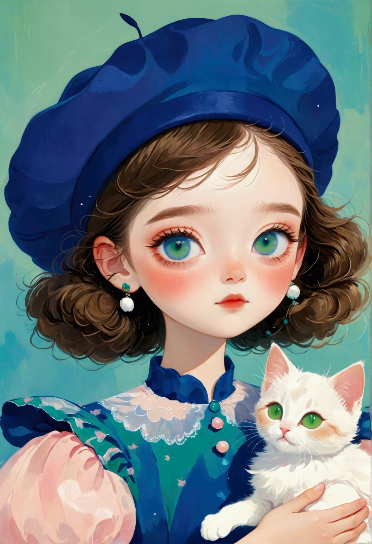 A painting，Pastel Art：(1Cute little girl and kitten,Blue pupils，Berets，Delicate hair,)，(Exaggerated dress，Puffy and exaggerated sleeves，Fluffy，Fluffy白色薄纱)，green solid color backdrop
