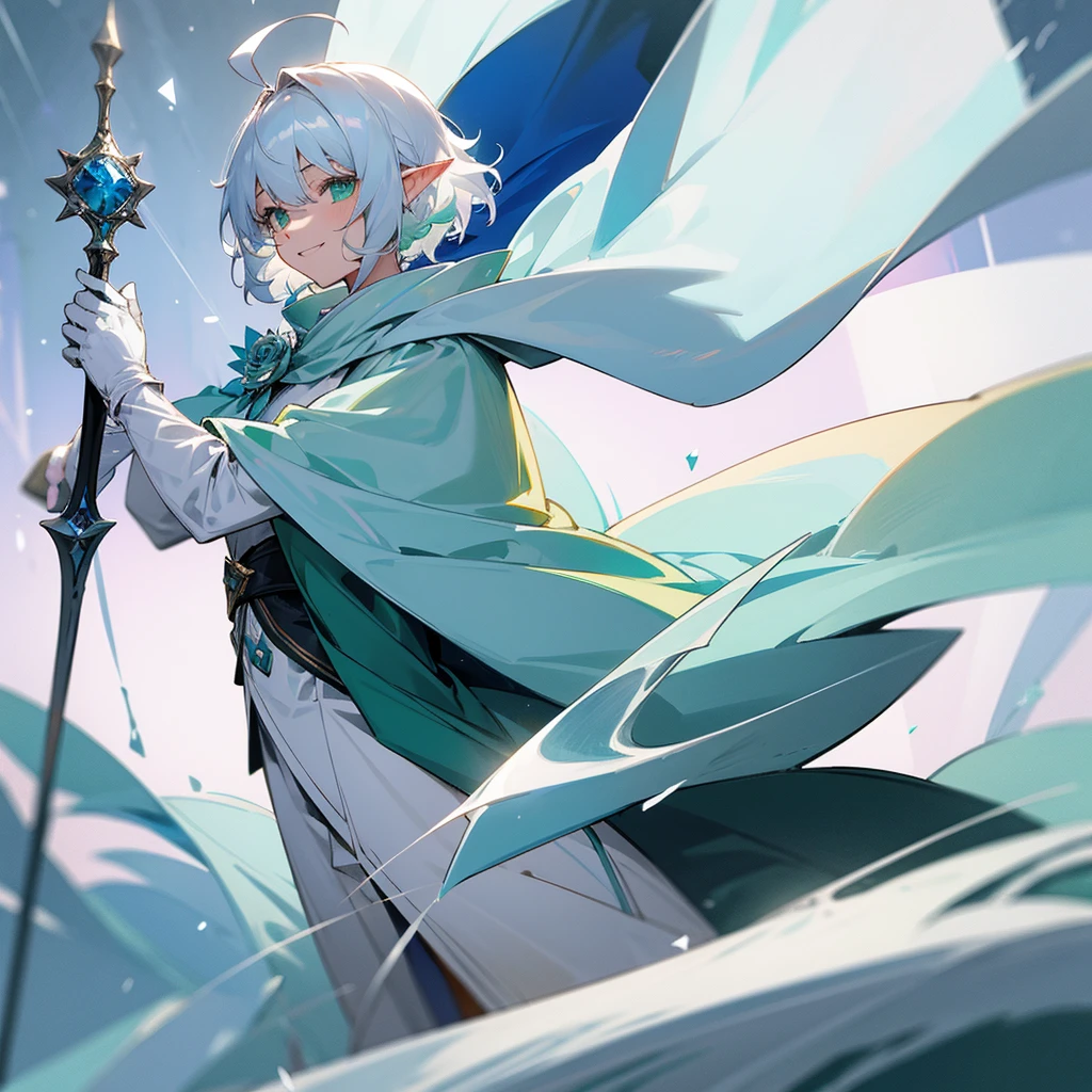 Elf, silver hair,short hair, medium cut, ahoge, curly hair,green eyes,slender, cool Smile, fair skin, robe, cloak,White gloves, blue effect, ice effect, triumphantly,Ice Rose ,magic,green rose,Noble son