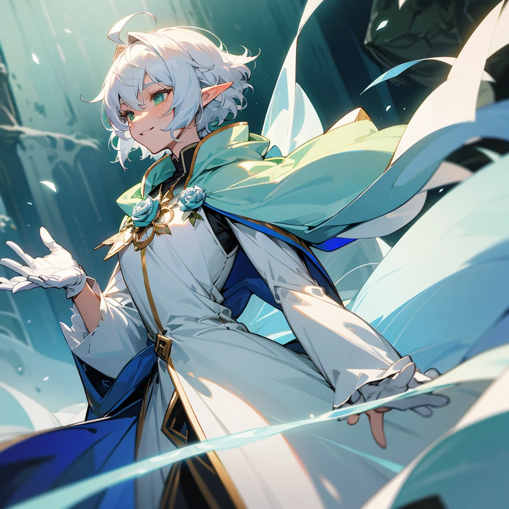 Elf, silver hair,short hair, medium cut, ahoge, curly hair,green eyes,slender, cool Smile, fair skin, robe, cloak,White gloves, blue effect, ice effect, triumphantly,Ice Rose ,magic,green rose,Noble son