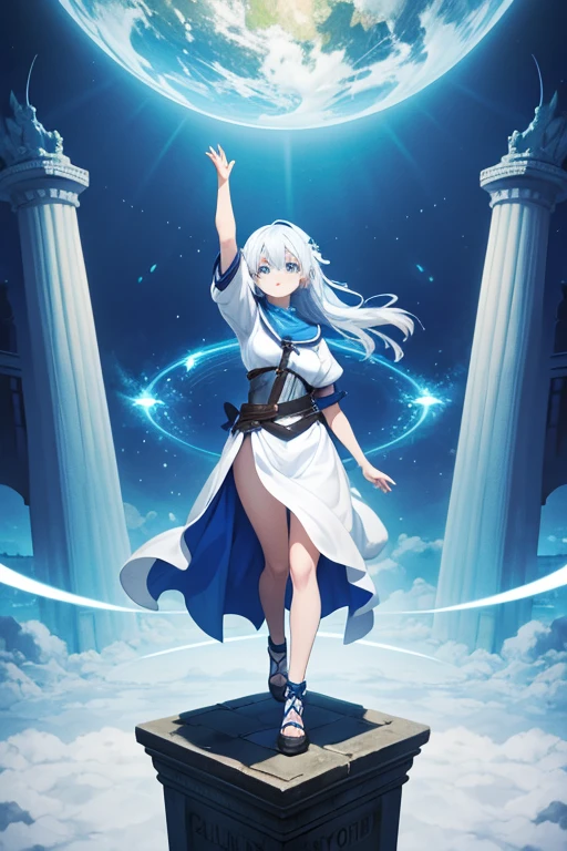 A girl with blue-white hair enters another world as a statue