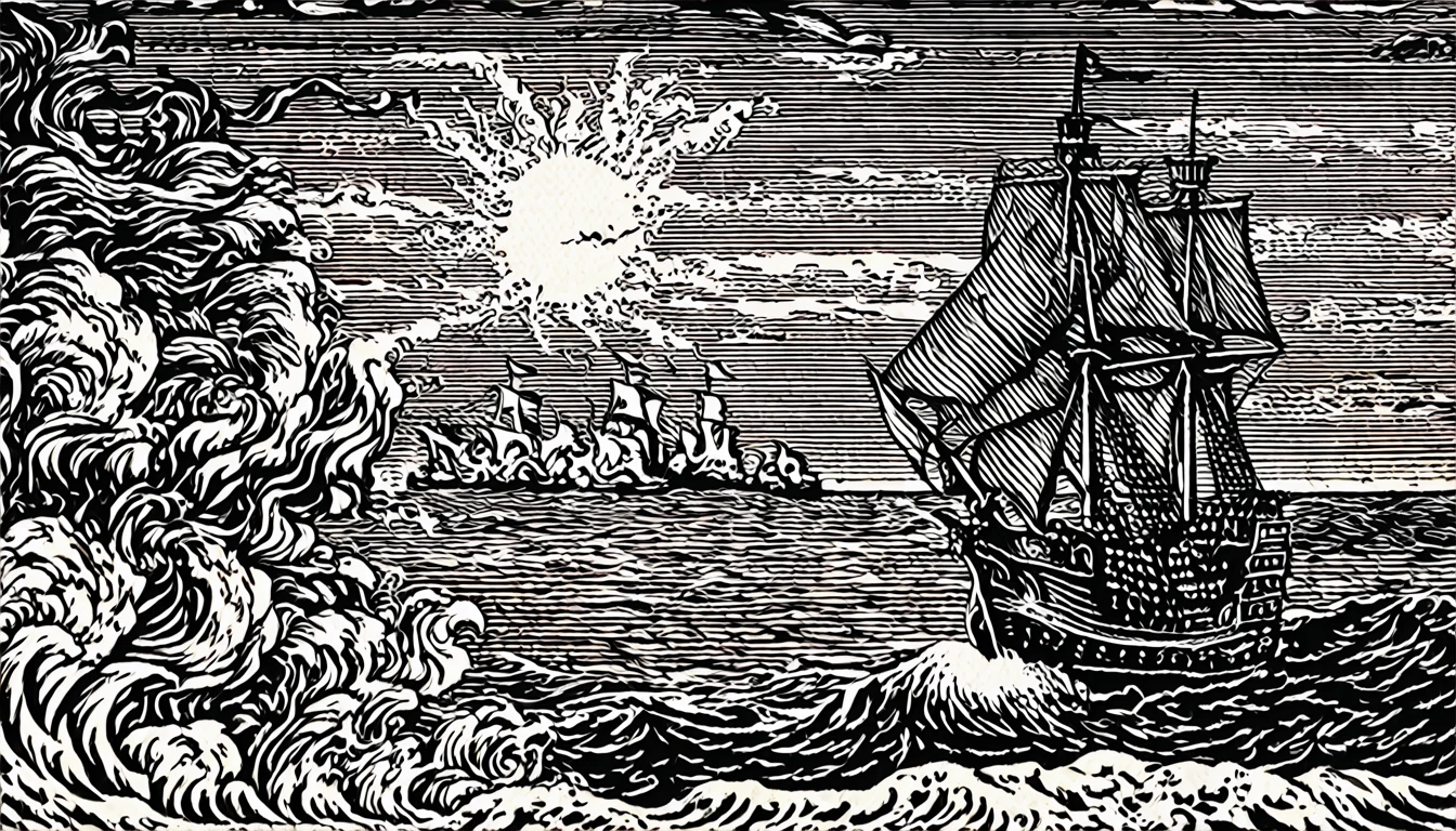 (Black and white woodblock prints:1.5)、(Black and white orange３Floor)、Medieval European Fantasy、Pirate ship vs navy battleship battle、The background is a burning ship and a corpse、Full shot portrait of a female pirate captain、Dark Shadows、A profound presence、Gruesome Background、Ominous clouds、（Highest quality、Realistic）、Mysterious and eerie、pop art, orn8 design of detailed