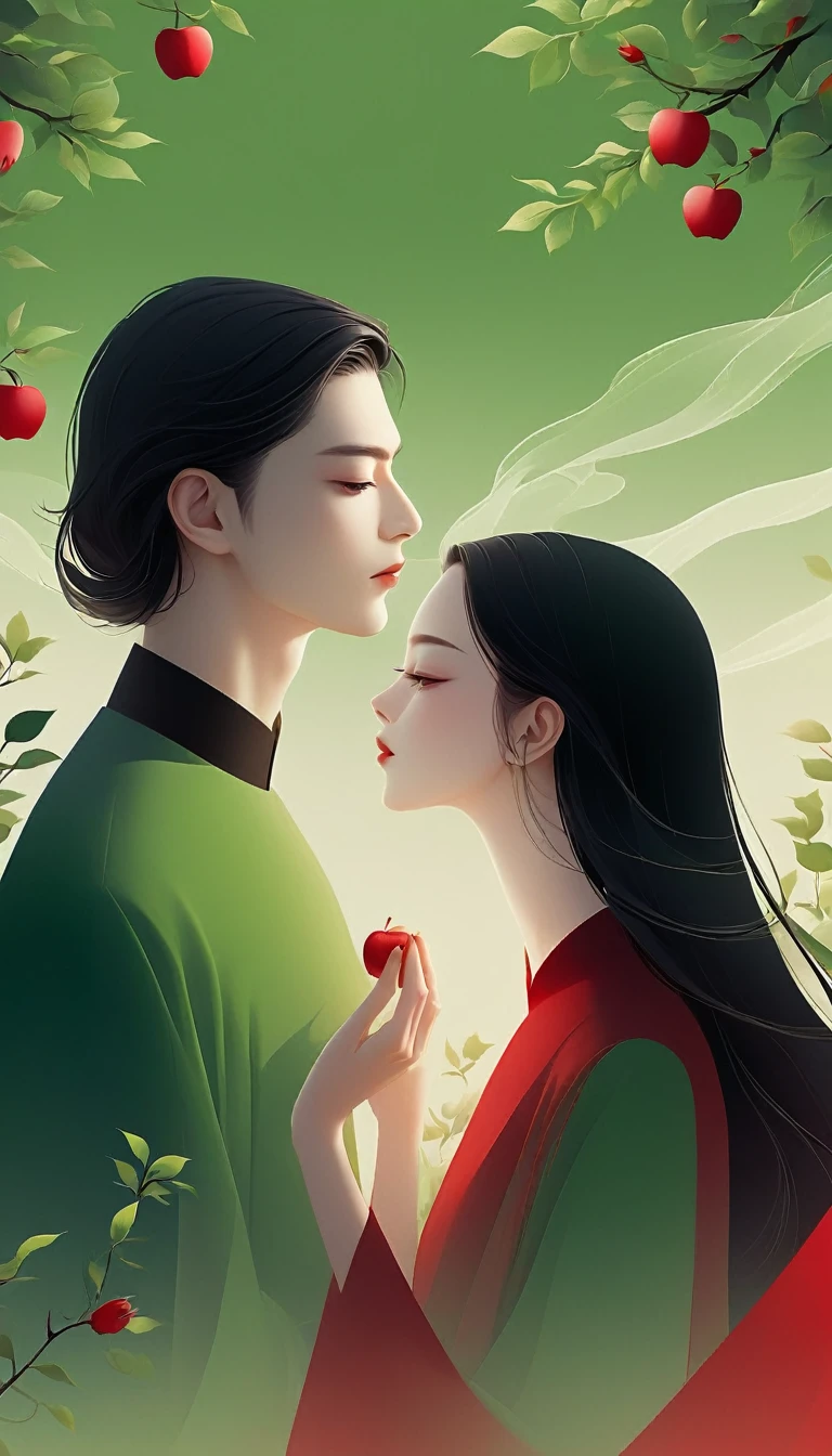vector，Flat form，illustration，The Minimalists，数字艺术illustration，Couple，2 people，Unique，Black long hair，Pretty Face，portrait，Shoulder，Beautiful hands，It is artistic conception，Abstract，Green tint，Apple Tree，Rose，Red hue
