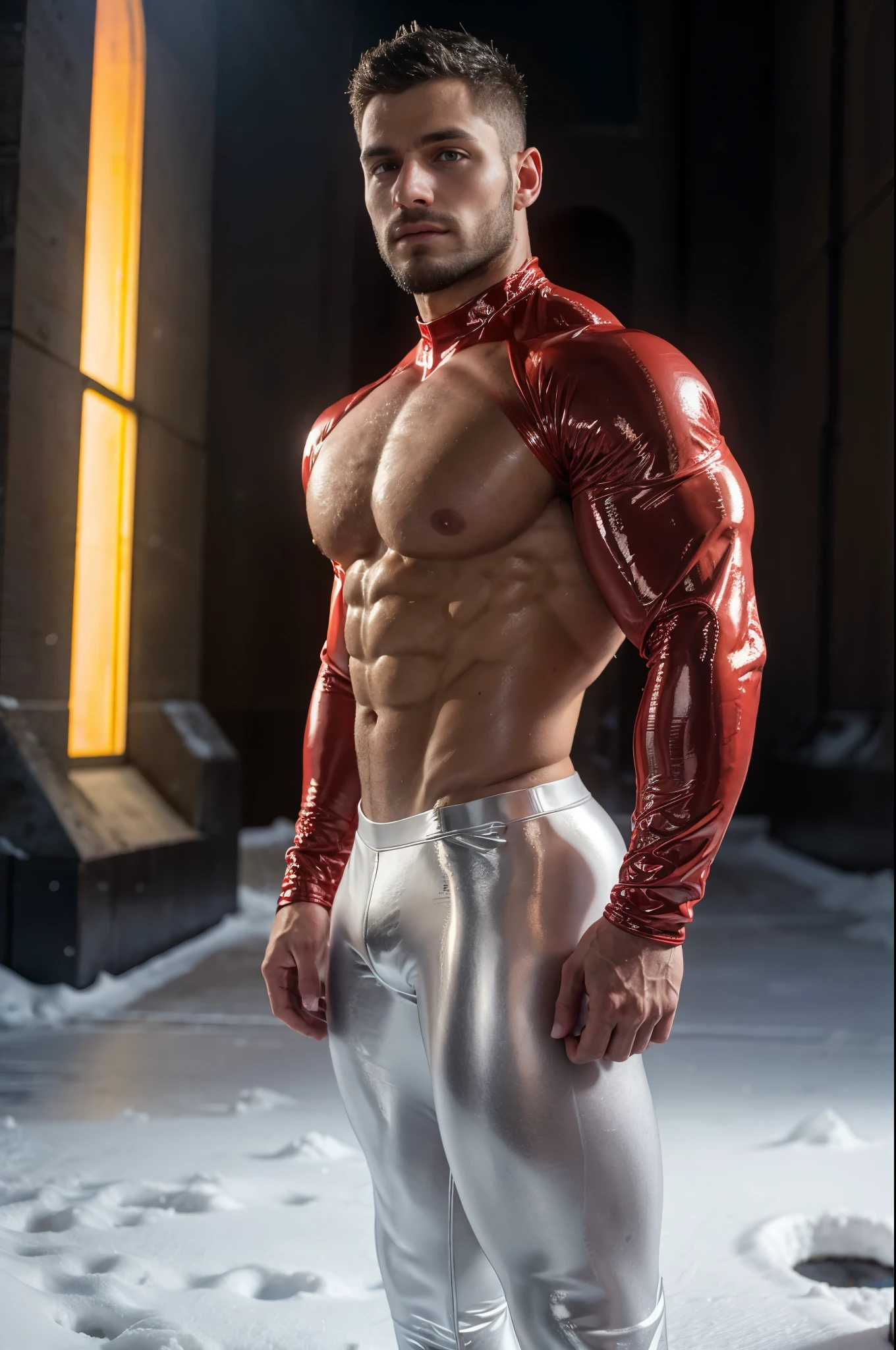 ultra high res, best quality, photo, 4k, (photorealistic:1.4), cinematic lighting, a muscular man, abdominal muscle, wearing red shiny tight latex crop top,white latex leggings,cyberpunk environment, snow and environment in the background, cathedral of , portal of the future, volumetric light, HD, magic, god light, backlighting, detailed face, contrapposto,tight suit showing his muscular features,big biceps,muscular body,big body
