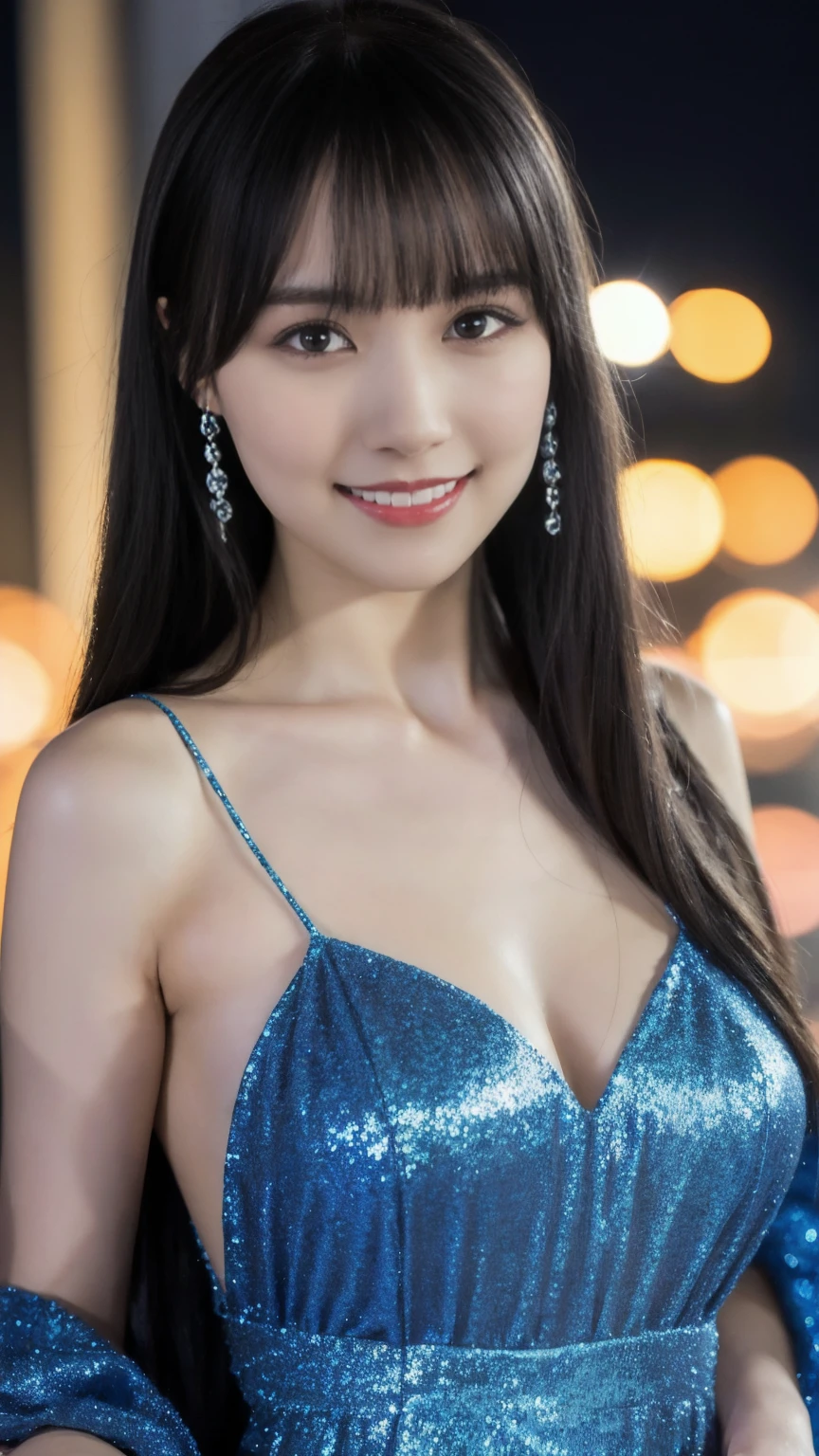 1girl,(wearing a blue glittery evening dress:1.2),(RAW photo, best quality), (realistic, photo-realistic:1.4), masterpiece, an extremely delicate and beautiful, extremely detailed, 2k wallpaper, Amazing, finely detail, extremely detailed CG unity 8k wallpaper, ultra-detailed, highres, soft light, beautiful detailed girl, extremely detailed eyes and face, beautiful detailed nose, beautiful detailed eyes,cinematic lighting,city lights at night,perfect anatomy,slender body,light smile,close up,(long hair with bangs), natural breast, NSFW, open shoulder.