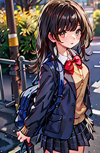 One Girl, solo, school uniform, Long sleeve, Black-haired,Pure,Big eyes,Skirt Grey, blush, (Absurd), (there is nothing), Looking at the audience, Walk in the park, (Ultra High Definition CG Integrated 8K Wallpaper,masterpiece, Best image quality, Ultra-detailed),Big Breasts