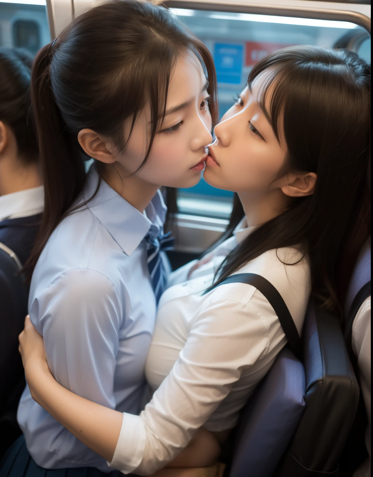 8k,masterpiece,Japanese,best quality, two (schoolgirls:1.2), reluctantly, on crowded train, shirts, breasts