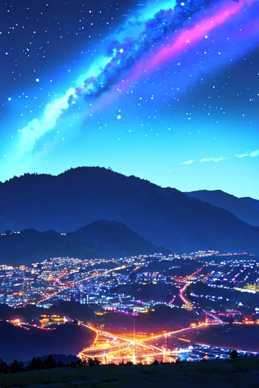 mitsuha, on the top of the hill, starry night, looking to the left, ribbon, anime, cinematic lighting, best quality, masterpiece, 4K