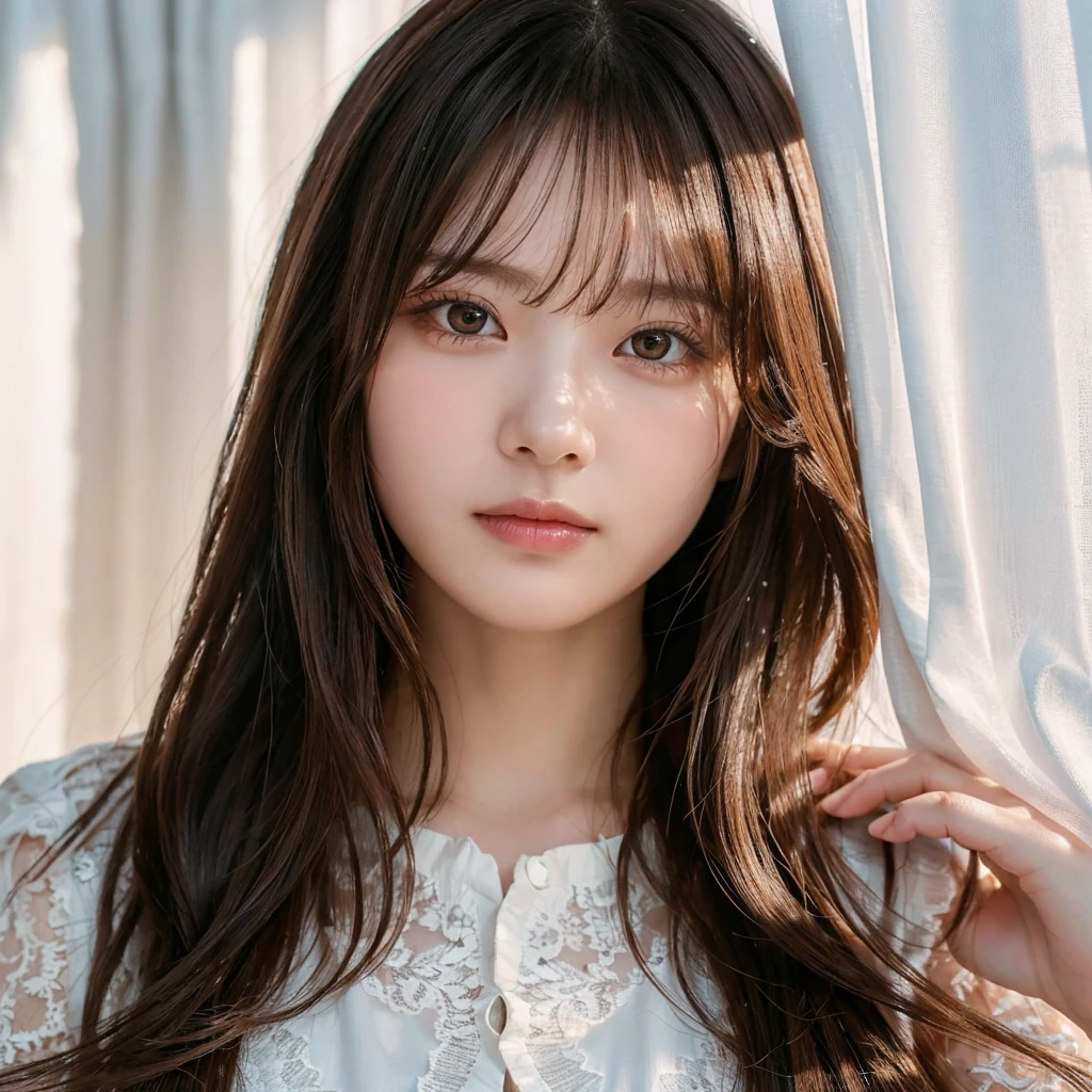 (Highest quality,masterpiece:1.3,超High resolution),(Very detailed,Caustics,8k),(Realistic:1.4,RAW shooting),Super detailed, 超High resolution, Rembrandt Lighting,Ray Tracing,Detailed skin texture, 18-year-old,Japanese,黒いLong Hair,耳前にLong Hair, (Long Hair:1.2), (Wavy Hair:1.2), (鈍いbangs:1.2), Chest-up shot,Ultra high definition 8K,Highest quality,Very detailedな,masterpiece,Realistic,Rich details,Photographic realism,Very detailedな環境,Very detailedな照明,Very detailedな詳細,,Detailed skin texture,Scattered under the surface,(blush:0.5),Photographic works,A slightly sad expression,Beautiful, shining lips, Detailed face、 bangs, Hair between the eyes, (Tangled in lace curtains:1.5),Looking into the camera,Top view angle,,Natural light, masterpiece, Highest quality, High resolution, ,(Face Focus:1.1),(Face close-up:1.1),Sunset