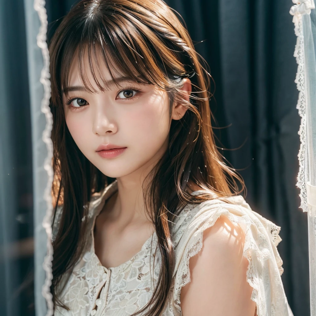 (Highest quality,masterpiece:1.3,超High resolution),(Very detailed,Caustics,8k),(Realistic:1.4,RAW shooting),Super detailed, 超High resolution, Rembrandt Lighting,Ray Tracing,Detailed skin texture, 18-year-old,Japanese,黒いLong Hair,耳前にLong Hair, (Long Hair:1.2), (Wavy Hair:1.2), (鈍いbangs:1.2), Chest-up shot,Ultra high definition 8K,Highest quality,Very detailedな,masterpiece,Realistic,Rich details,Photographic realism,Very detailedな環境,Very detailedな照明,Very detailedな詳細,,Detailed skin texture,Scattered under the surface,(blush:0.5),Photographic works,A slightly sad expression,Beautiful, shining lips, Detailed face、 bangs, Hair between the eyes, (Tangled in lace curtains:1.5),Looking into the camera,Top view angle,,Natural light, masterpiece, Highest quality, High resolution, ,(Face Focus:1.1),(Face close-up:1.1),Sunset