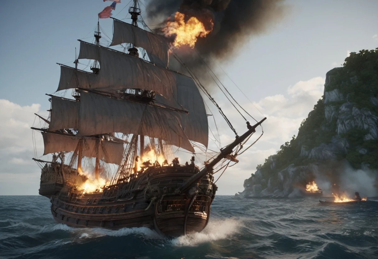 (2 Galleons:1.4)、 (Naval battles:1.2)、 (Galleon Fire:1.4)、(Galleon Explosion:1.4)、 (Realistic:1.2),Very detailed, 8k, masterpiece, (intricate details 1.2)