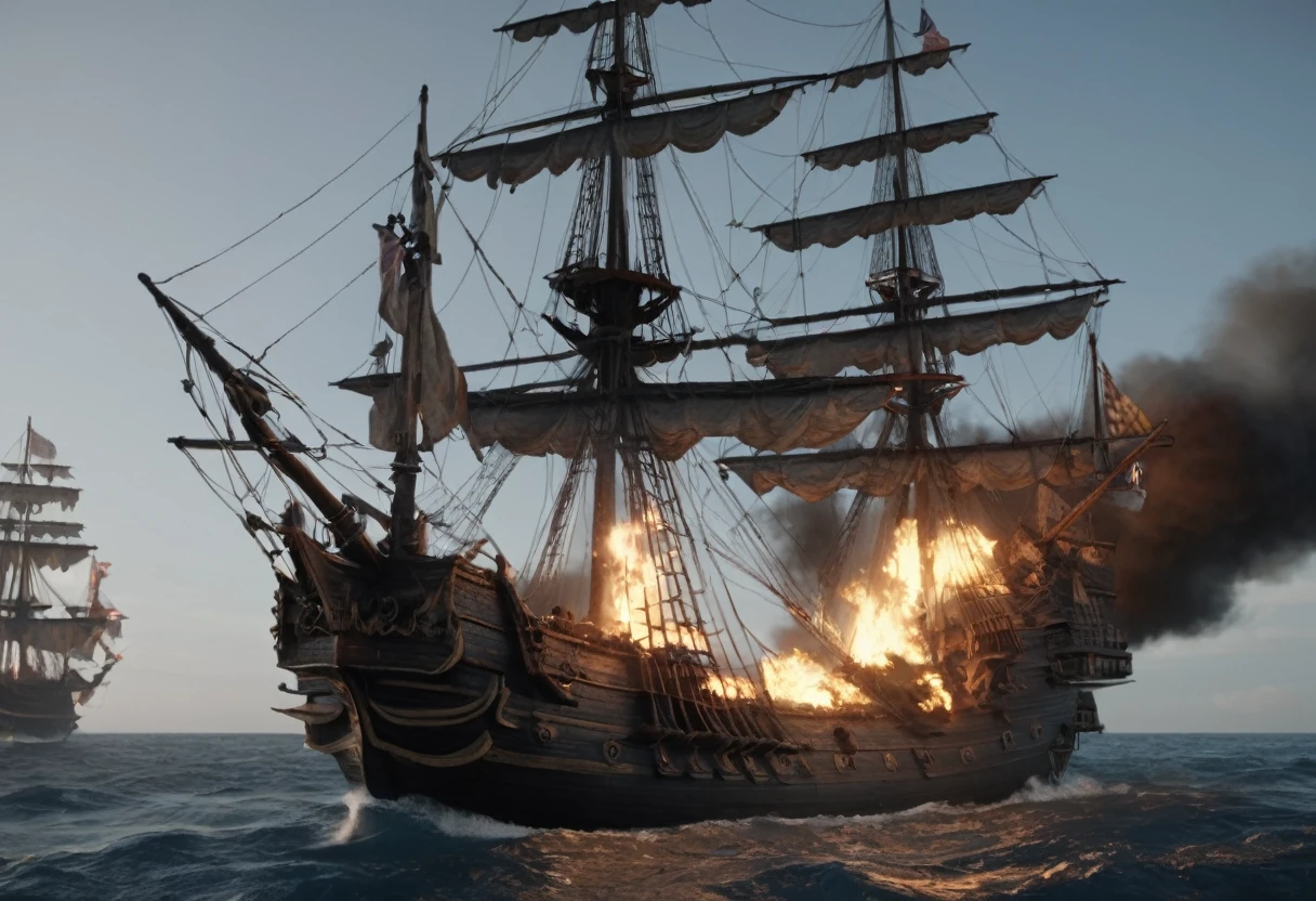 (2 Galleons:1.4)、 (Naval battles:1.2)、 (Galleon Fire:1.4)、(Galleon Explosion:1.4)、 (Realistic:1.2),Very detailed, 8k, masterpiece, (intricate details 1.2)