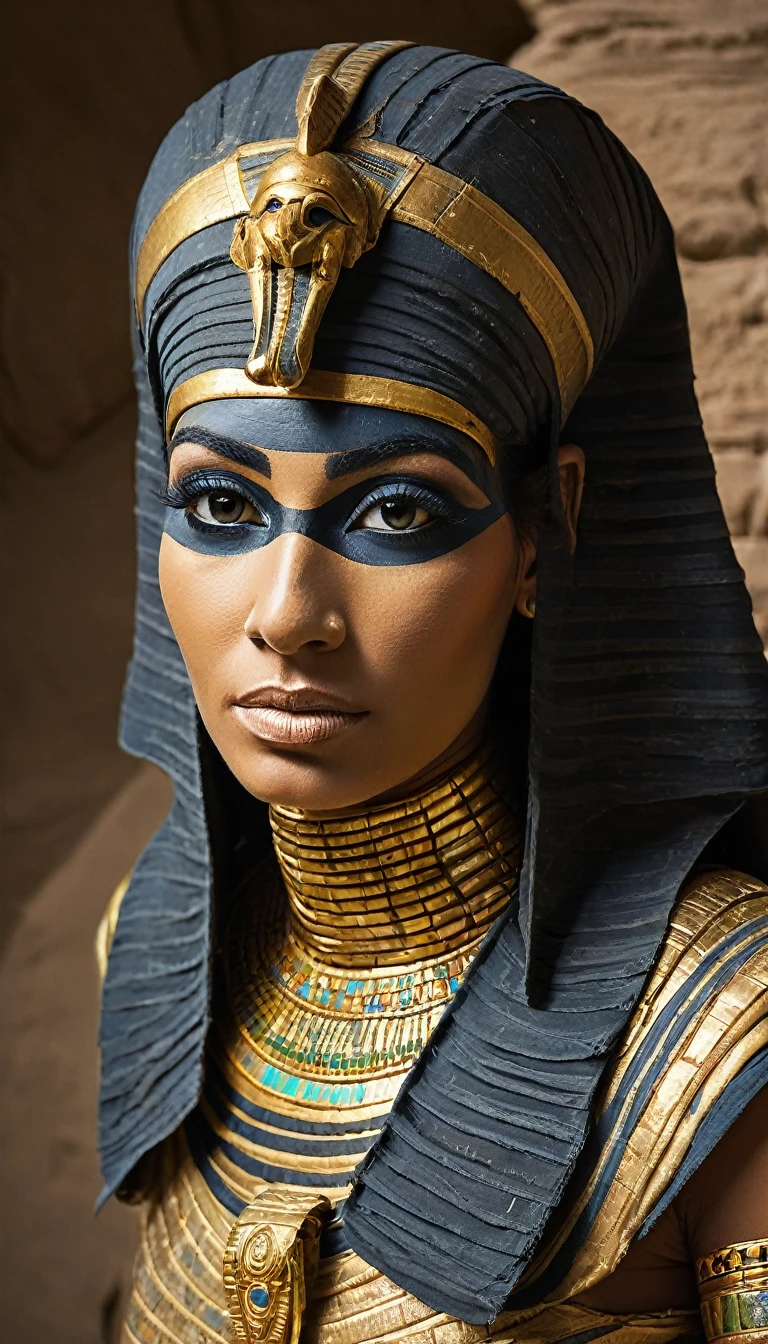 Egyptian Pharaoh mummy goddess in mummy wrapping, beautiful model, young gorgeous women, mummified, storm Egyptian god, wind Egyptian god, Nyarlathotep, an undead desert lich pharaoh, portrait of a scorpion goddess, photo of ghost of Anubis, eldritch goddess, Egyptian mummy queen, goddess. extremely high detail, ultra realistic, , right halve of face revealing mummified face, mummy covered in Egyptian pharaoh armor, full body picture, photograph from head to toe, full body view, lower body and legs visible