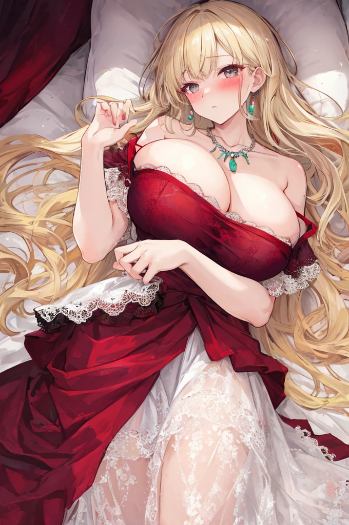 (A woman with big tits),Attractive woman,Light blond long hair,clavicle,Gemstone Necklace,Off-shoulder nightdress,short dress,Lace,Intricate details,Beautifully,Charm,Lying in bed,(blush),
