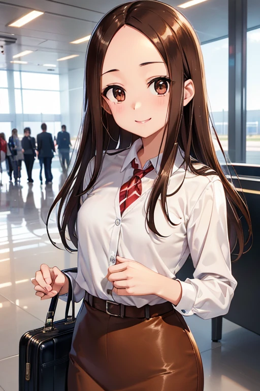 Takagi-san、Shiny brown hair, Long Hair,((Medium chest、Forehead、Center part))、 Beautiful brown eyes、smile、Sparkling eyes, (fine grain)、Very fine eye、Highly detailed face, Highly detailed eyes, Cowboy Shot、 


Flight attendant in uniform walking through the airport with suitcase and handbag、Perfect Style、sexy