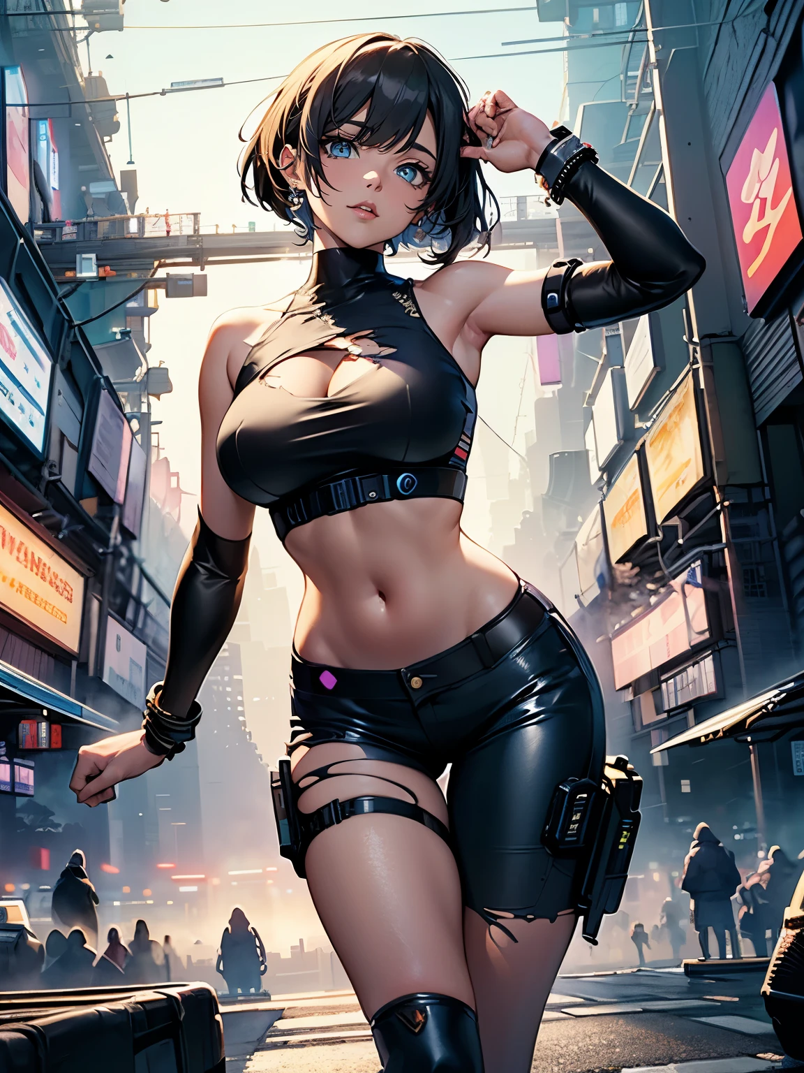 ((seductive girl:1.2))、((cyberpunk:1.2))、((Futuristic))、((dynamism:1.4))、((torn and ripped:1.2)), ((hot pants:1.4))、((open legs))、((highleg))、Meticulously drawn hair, ((Being in midnight city:2))、((sleeveless:1.2))、 ((crop top navel:1.2))、((wedgie:1.2))、((huge hip:1.3))、((latex))、((Glossy realistic skin texture))、((shiny skin))、((Meticulously drawn hands:1.2))、perfect anatomy、masterpiece, ultra-detailliert, 8k, hiquality, Top image quality, Smooth texture、watercolor