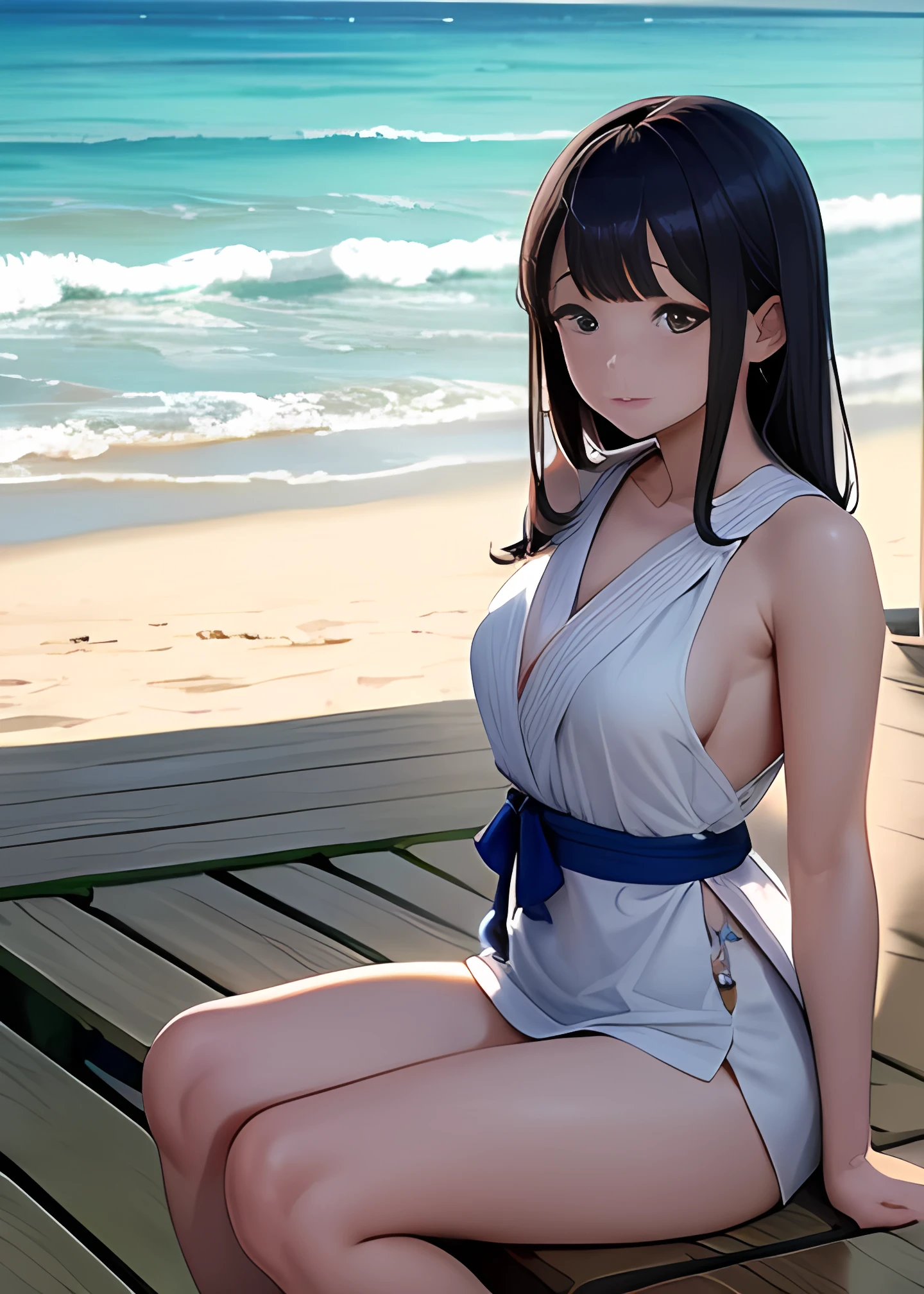 (masterpiece,best quality:1.4),(8k,raw photo,photo realistic:1.2),shiny skin,detailed skin,detailed face,detailed eyes,1girl,Japanese idol,beautiful face,Anime girl in blue and white bikini sitting on a towel at the Beach, At the Beach, At the Beach, sitting At the Beach, I&#39;m at the beach, Gwaiz, Enchanting anime girl, Sit on the beach, Beautiful anime girl crouching, Sunny At the Beach, relaxing At the Beach, At the Beach