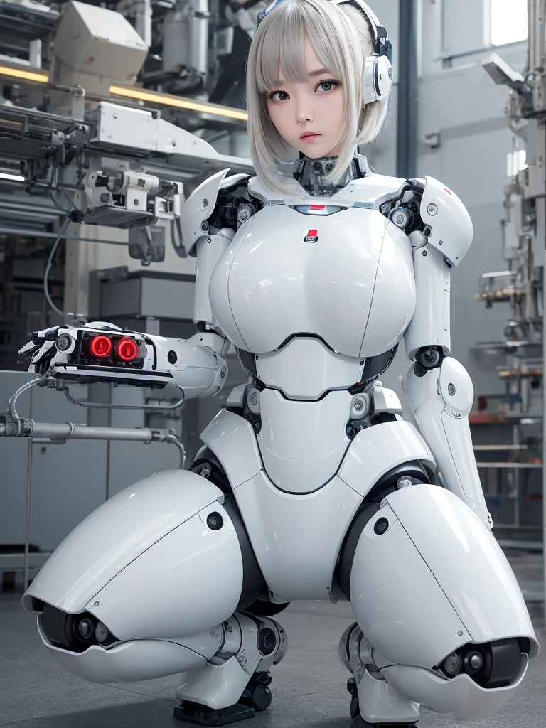 masterpiece, Highest quality, Very detailed, Japanese Android girl,Plump ,Control panel,robot arms,robot,Android,cyborg,white robot body,Ceramic body,perfect robotgirl,Blunt bangs,robot repair plant,Squat