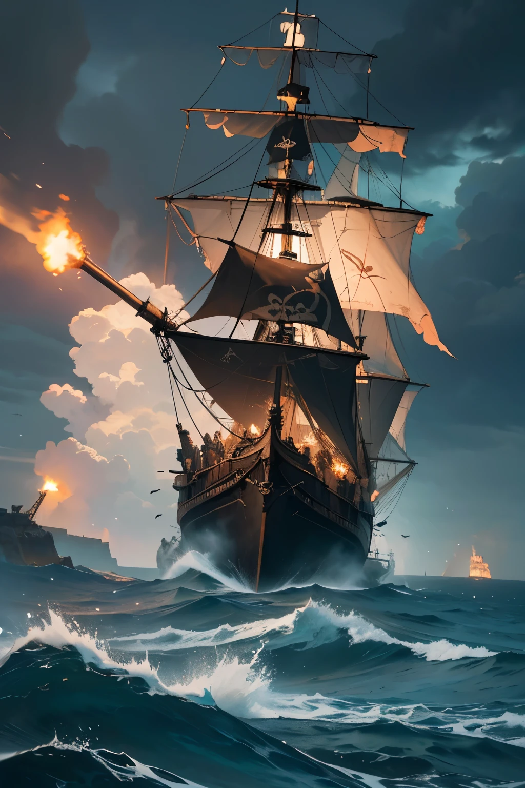 Pirate War, ((Masterpiece, top quality, high resolution, highly detailed CG unified 8K wallpaper)), (dramatic seascape of two pirate ships firing cannons at each other at close range:1.5), a spectacular and dynamic poster with columns of fire and water, rain and thunder; a pirate flag with a skull symbol waving in a gust of wind; cannonballs flying and causing explosions, throwing debris into the air; ominous dark clouds in the sky threatening rain and chaos; an adventure movie poster; a pirate ship with a skull symbol in a pirate ship's hull. ominous dark clouds looming in the sky, threatening rain and chaos on the open sea, adventure movie poster,