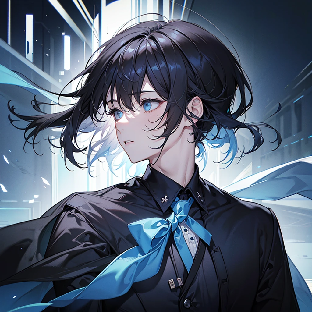 Profile facing right、Looking straight to the side with left hand under chin、Her hair is swept back with an up-bang.、Two Block、Black Hair、Perm、Light blue shirt、No tie、Kind of like a counselor、Soft atmosphere、Simple illustration、The background is gray、No shadow depiction、One man、1boy