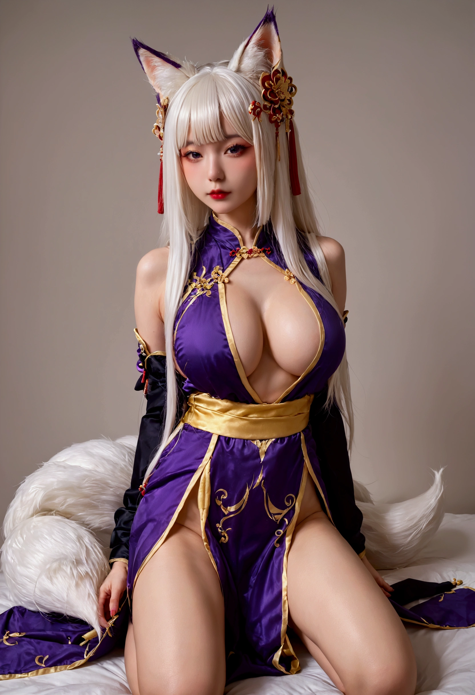 Super detail, Best quality, masterpiece, ultra high res, (photorealistic:1.4), raw photo, 1girl, Beautiful Chinese woman, Chinese girl, beautiful young Chinese woman, sexy look, big breast, kneels gracefully pose, ((cosplay hanfu outfit featuring purple and black tones)), purple hanfu dress embellished with ornate gold patterns, white hair, fox ears, ((many fox tails spread out)), view to the viewers,  Perfect body, A plump chest, big breasts, Slender sexy legs, very nice legs