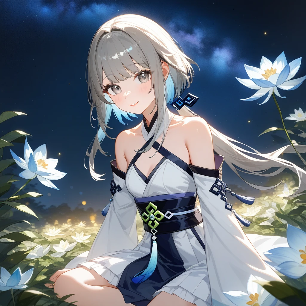 1girl, guizhong_\(genshin_impact\),(grey hair),short_hair_with_long_locks in front and low ponytail in back,gradient_hair,(pale grey eyes with seafoam gradient),starry_sky_print,detached_sleeves white outside blue starry inside, hands completely hidden by long sleeves,stunning field of softly glowing cerulean and white glaze lilies,night scene,gentle smile,face focus, eye focus,ladyshadow,moonlight,glossy lips,vivid anime coloring,cel shading,smooth, soft dreamy focus,anklet,halter_top,white clothes,highly detailed,digital painting,bare_shoulders,barefoot,cool night tones, magical night scene,bokeh, professional,anemo colored fireflies,nebula of stardust and silvery vapor,harmonious blend of nature and art,transcendent beauty,awe-inspiring artwork,(best quality,4k,8k,highres,masterpiece:1.2),cosmic stardust