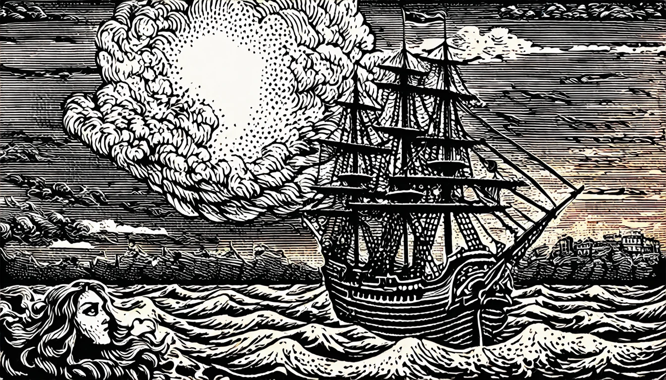 (woodblock print:1.5)、Medieval European Fantasy、Pirate ship vs navy battleship battle、The background is a burning ship and a corpse、Full shot portrait of a female pirate captain、Dark Shadows、A profound presence、Gruesome Background、Ominous clouds、（Highest quality、Realistic）、Mysterious and eerie、pop art, orn8 design of detailed