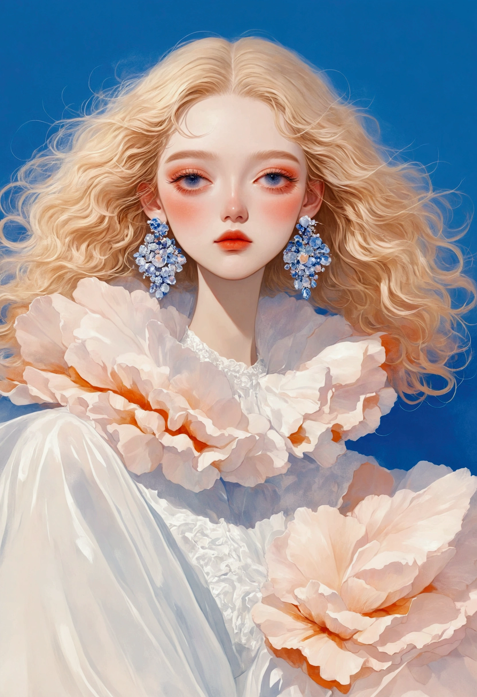 Pastel Art：1 beautiful and elegant girl，White的短发，Delicate hair，Exaggerated dress，多层Fluffy领子，Shoulder，Exaggerated sleeves，Fluffy，FluffyWhite薄纱，White+blue+orange color