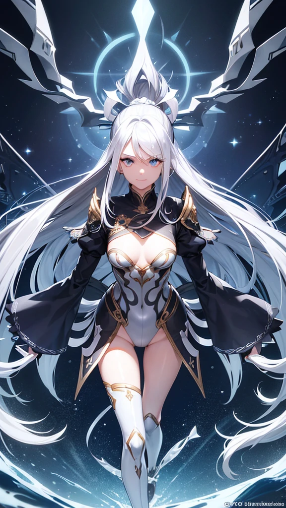 High resolution, Long Hair, sight, blue eyes, ponytail, Shut your mouth., Anatomically correct, Highest quality, Very detailed, Silver Hair, Female eye symbol, smile, The legs are detached from the frame, accessories, figure, stylish,The background is the sea,Left diagonal upwards,cinematic light effects, The background is fantastic,Sparkle Effect, 