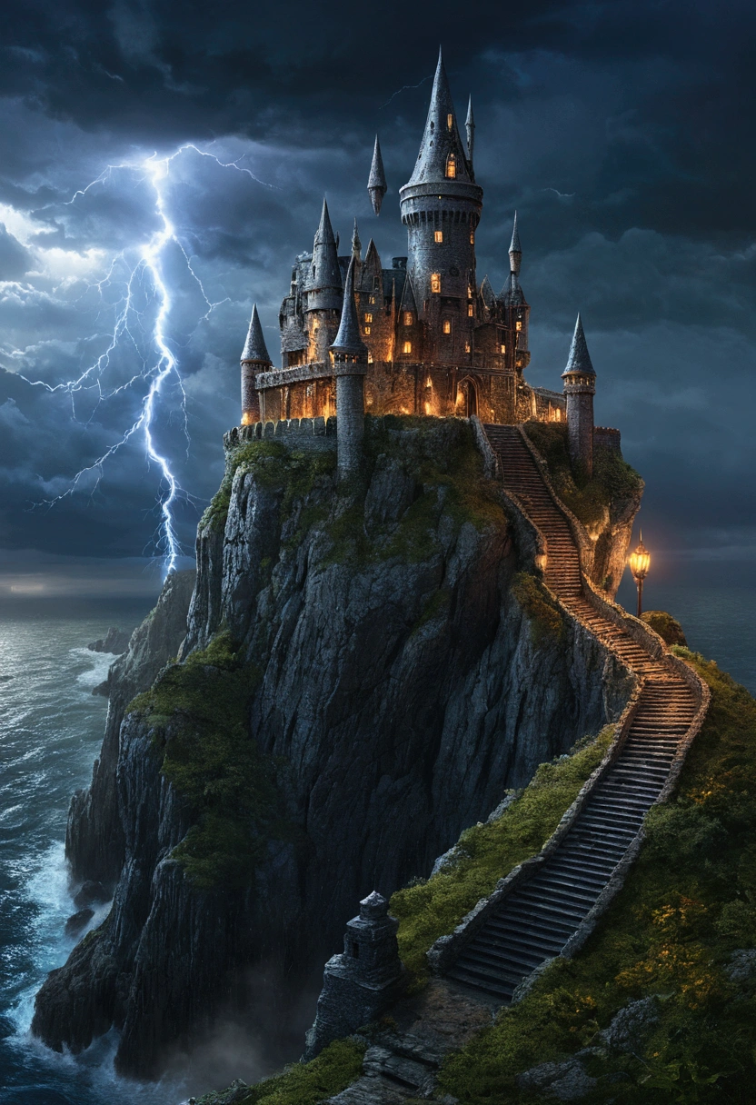 A wizard&#39;s castle on the edge of a cliff, at the end of the world, in the evening, commission for, Realistic image, ULTRA REALISM, perpfect detail. hyper realistic, 4k, ALREADY. ultra detail, Hyper maximalism, fantasy, Badass, very detail, lightning and rain, 

