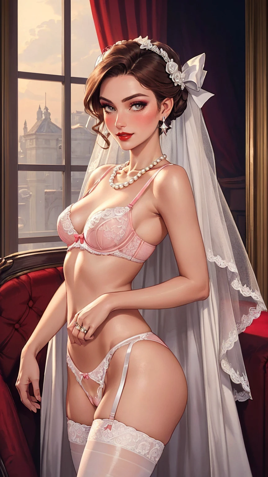 240710A. Masterpiece. A hyper realistic image of Claire. Beautiful woman. ((Perfect body)). Sexy. Slim. ((Solo)). ((Bride. In the Luxurious bridal suite with antique furniture. Reclining on a vintage chaise lounge, gown partially open. Lingerie: White lace balconette bra with satin bows, matching lace thong with White lace stockings. Hairstyle: Elegant updo. Makeup: Soft pink blush, red lips. Diamond earrings, pearl necklace.)). See-through. Ultra sheer hosiery. (((Erected medium areolas))). (((Trimmed hairy small vulva))). ((Divine features, oval face)). Graceful presence. (Captivating and perfect grey eyes). (Silky ginger hair). Rosy tint complexion. Captivating smile. Enchanting lips. Slender figure. ((Manicured hands)). Sense of style. Alluring charm. Effortless elegance. Sophisticated. ((High fashion image)). (((((Cowboy shot))))).
