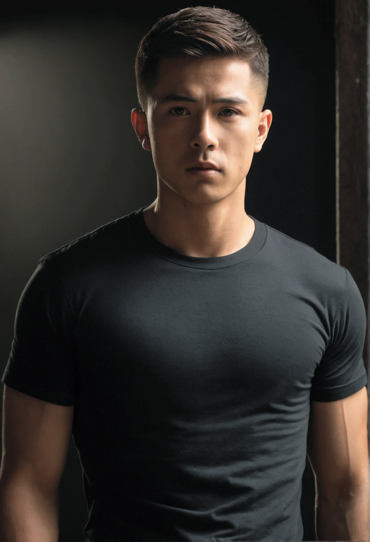 A 28-year-old man, Wearing a tight black T-shirt, Surreal, Abstinence，Movie Effects, Military hairstyle short hair, Dark environment background, The lighting is good，Just like a scene from a movie, 8K, Surreal主义, sharp.