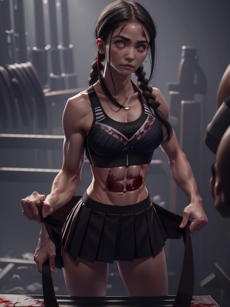 Very short Japanese yandere girl, detailed face and eyes, looking at viewer, masterpiece, best quality, shallow depth of field, 8K HDR, huge breasts, 85mm photo, shallow depth of field, tack sharp, 18 years old, pig tails hairstyle, black hair, blue eye, short 4’8” height, (wearing sports bra and pleated skirt:1.4), (dark lighting:1.1), (covered in blood:1.2) very large perky breast, (chiselled 8-pack abs:1.9), washboard abs, muscular ass, gymnast physique, muscular legs, bloody knuckles, gorgeous, standing dark school corridor, wearing make up