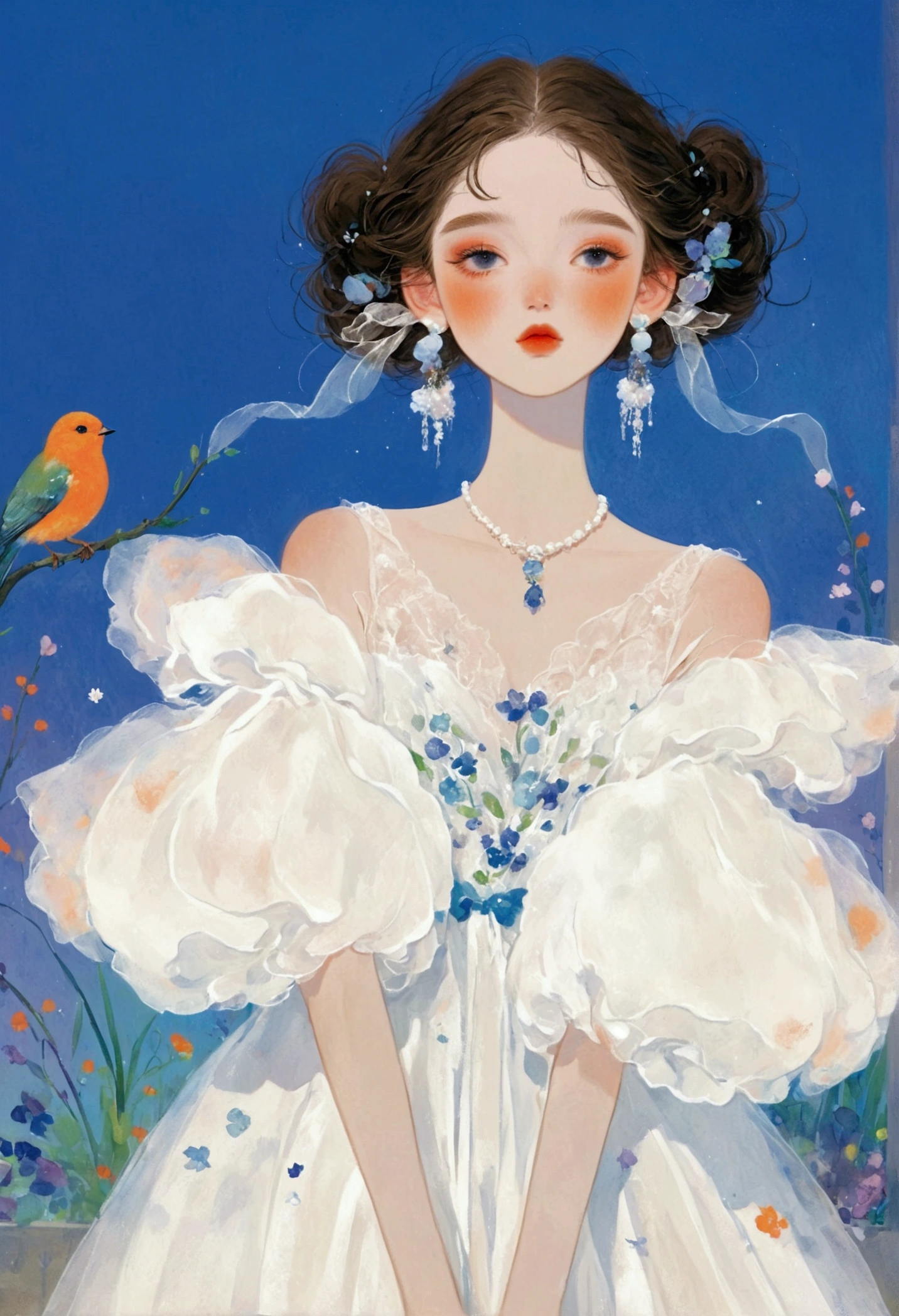 Pastel Art：1 beautiful and elegant girl，White的短发，Delicate hair，Exaggerated dress，多层Fluffy领子，Shoulder，Exaggerated sleeves，Fluffy，FluffyWhite薄纱，White+blue+orange color