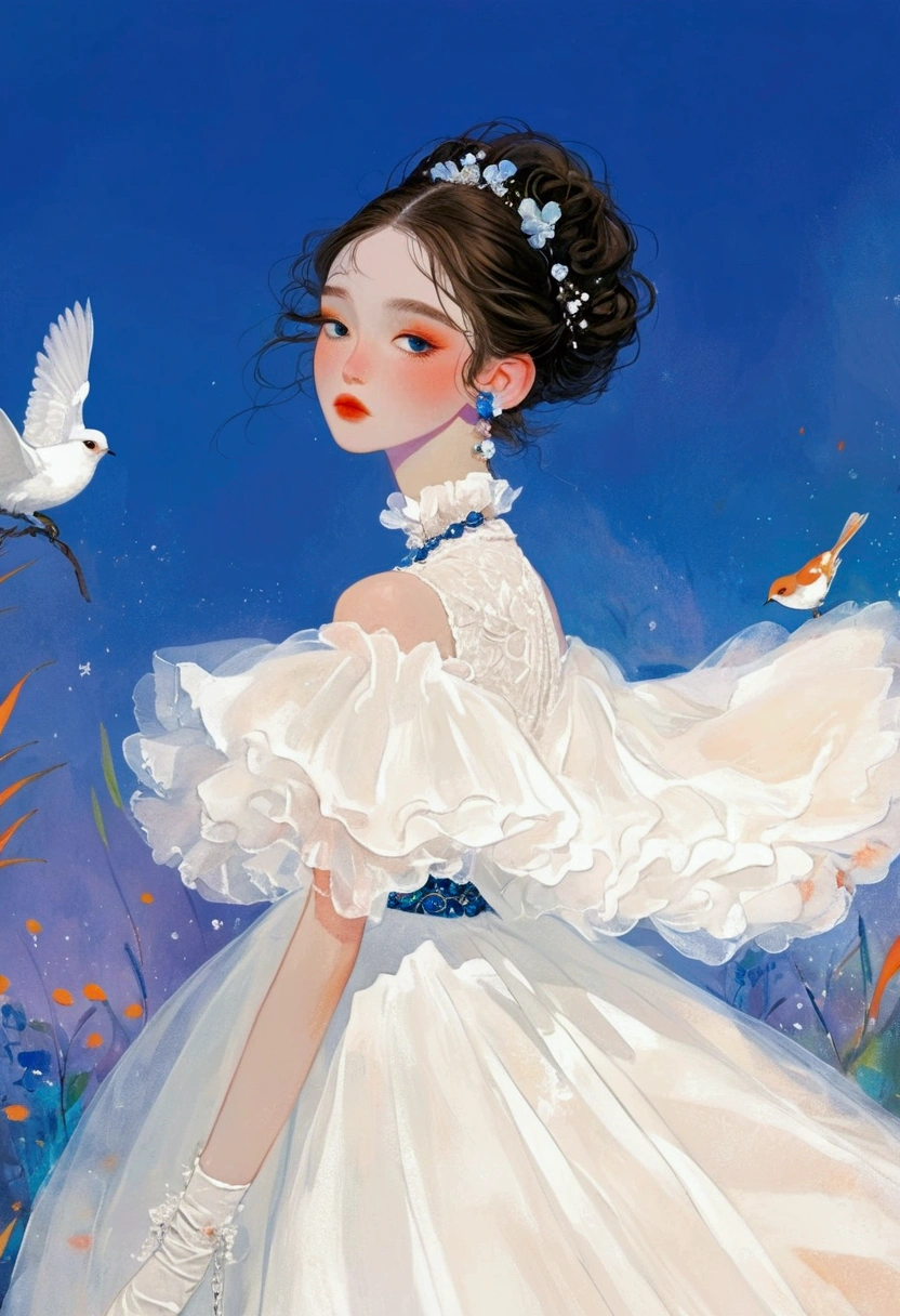 Pastel Art:1 beautiful and elegant girl,White的短发,Delicate hair,Exaggerated dress,多层Fluffy领子,Shoulder,Exaggerated sleeves,Fluffy,FluffyWhite薄纱,White+blue+orange color
