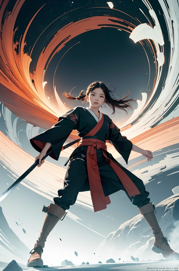 ultra high resolution,((masterpiece))),(((best quality))),((super detailed)),((extremely delicate and beautiful)),(wide shot, wide-angle lens,Panoramic:1.2),super vista,super wide Angle,Low Angle shooting,super wide lens,highly detailed,(masterpiece, top quality, best quality, official art, beautiful and aesthetic:1.2),(fractal art:1.2),
xuer ai yazawa style girl,1girl,solo,holding weapon,katana,floral print,looking at viewer,fighting stance,eastern dragon,braid,floral print,Ink,ink splatter,
(disgust:1.3),(full body:1.4),A shot with tension,(sky glows red,Visual impact,giving the poster a dynamic and visually striking appearance:1.2),Chinese Zen style,impactful picture,