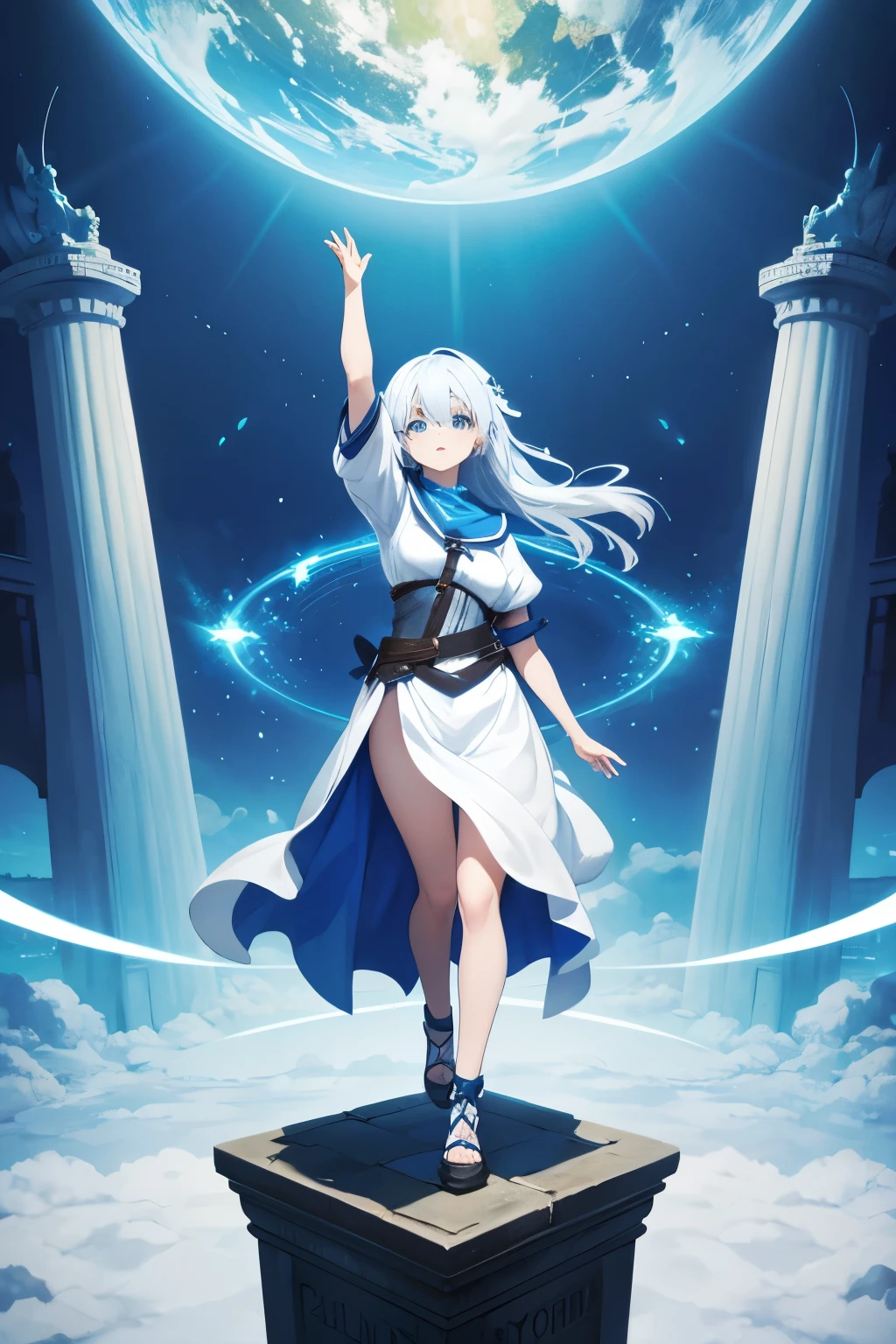 A girl with blue-white hair enters another world as a statue