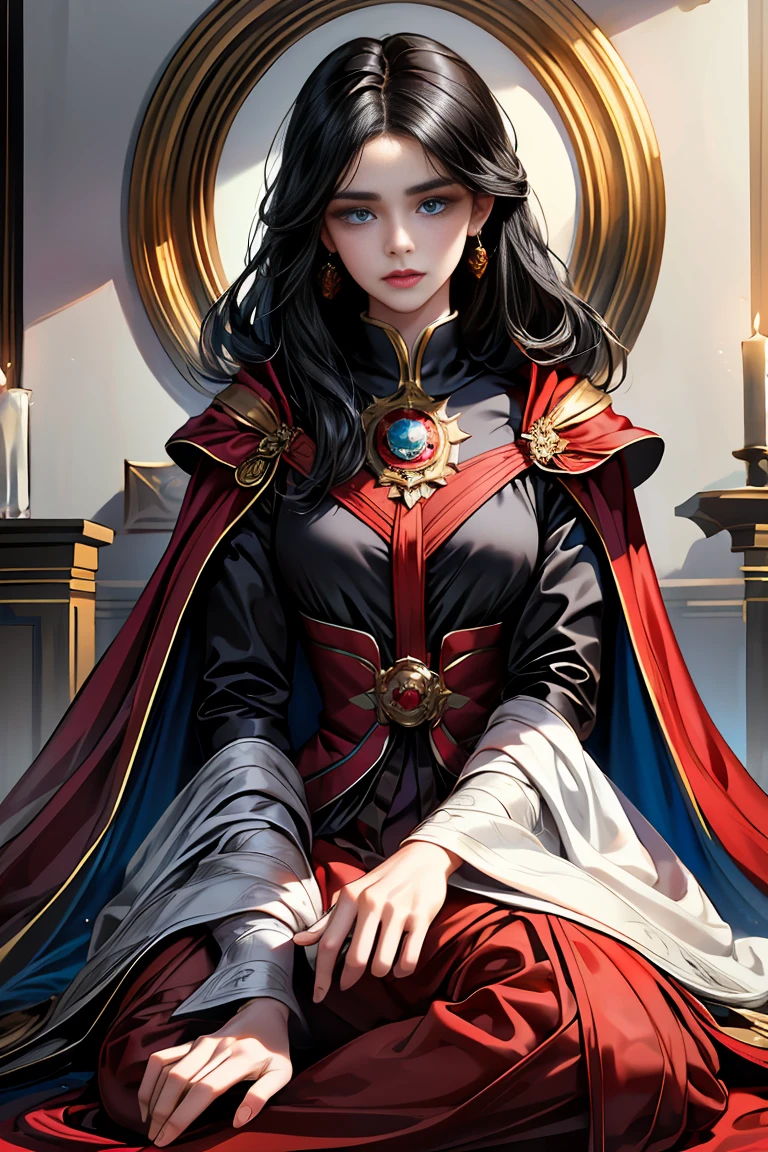 masterpiece, 最high quality, high quality, 1 girl, alone, Female focus, Watching the audience, Messy black hair, Adorable big blue eyes, White people, Noble, Noble,Sexy voluminous black and red cape、Tuxedo、A very voluminous, large, very large, very large, long, long red and black cape with a high stand-up collar, reaching down to the floor, made of a lot of fabric., 17 years old,Cute beautiful girls,Cute, cute, kind, Pretty girl